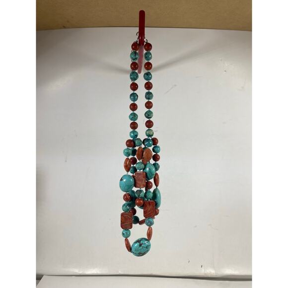 Lucas Lameth LUC 925 Sterling Turquoise & Red Coral Triple Strand Necklace